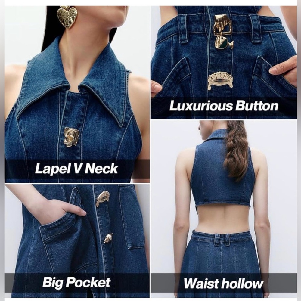 Amazon Dark Blue Denim Jumpsuit with Gold Accent Buttons - Picture 7 of 15